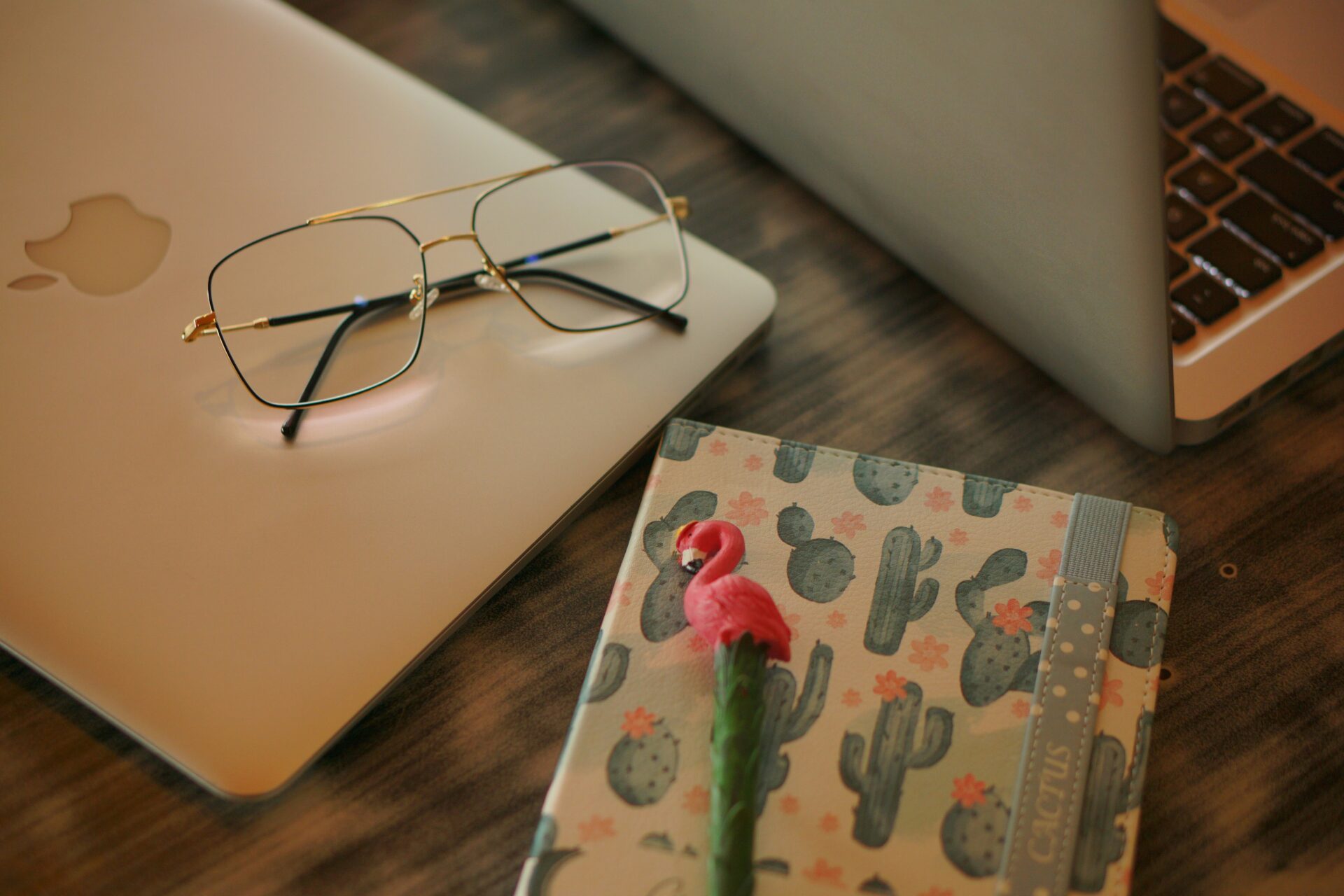 Laptop, óculos e caderno de cactos em uma mesa de trabalho para produção de conteúdo evergreen.