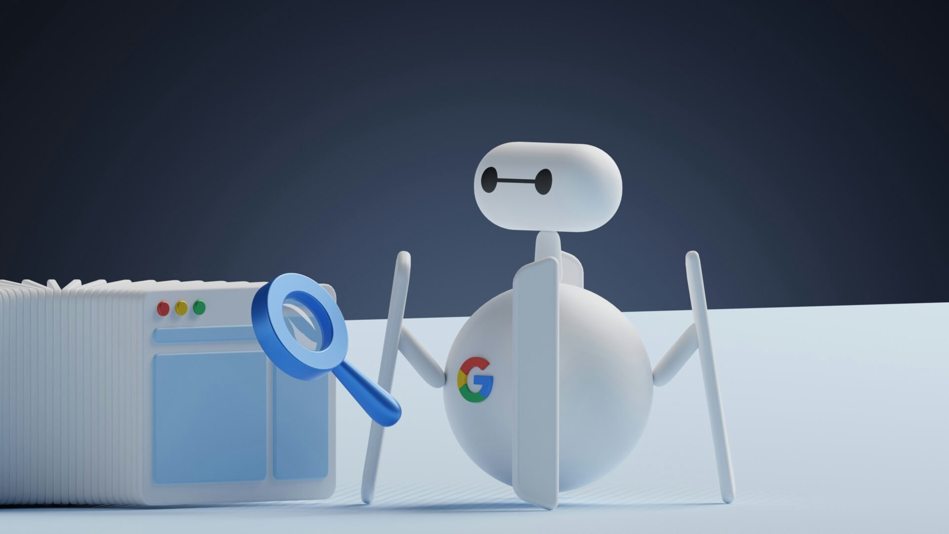 Robô branco com logo do Google analisando interface digital com lupa azul para otimização de conteúdo SEO.